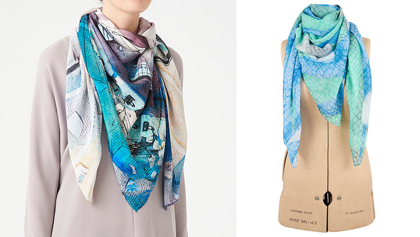 Brighton photography at Capture Factory showing two shots, one with a models wearing a blue printed scarf and the other showing a mannequin wearing a turquoise printed scarf