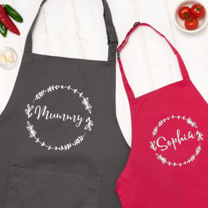 Christmas lifestyle photography, grey and red kitchen aprons with food props