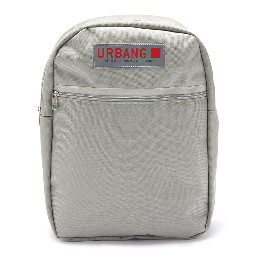 photograph stylish backpack, grey back pack with red logo