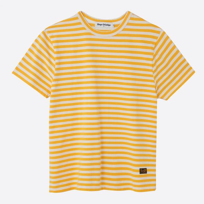 Yellow and white stripe t -shirt flatlay photography for fashion brand website taken in UK photography studio