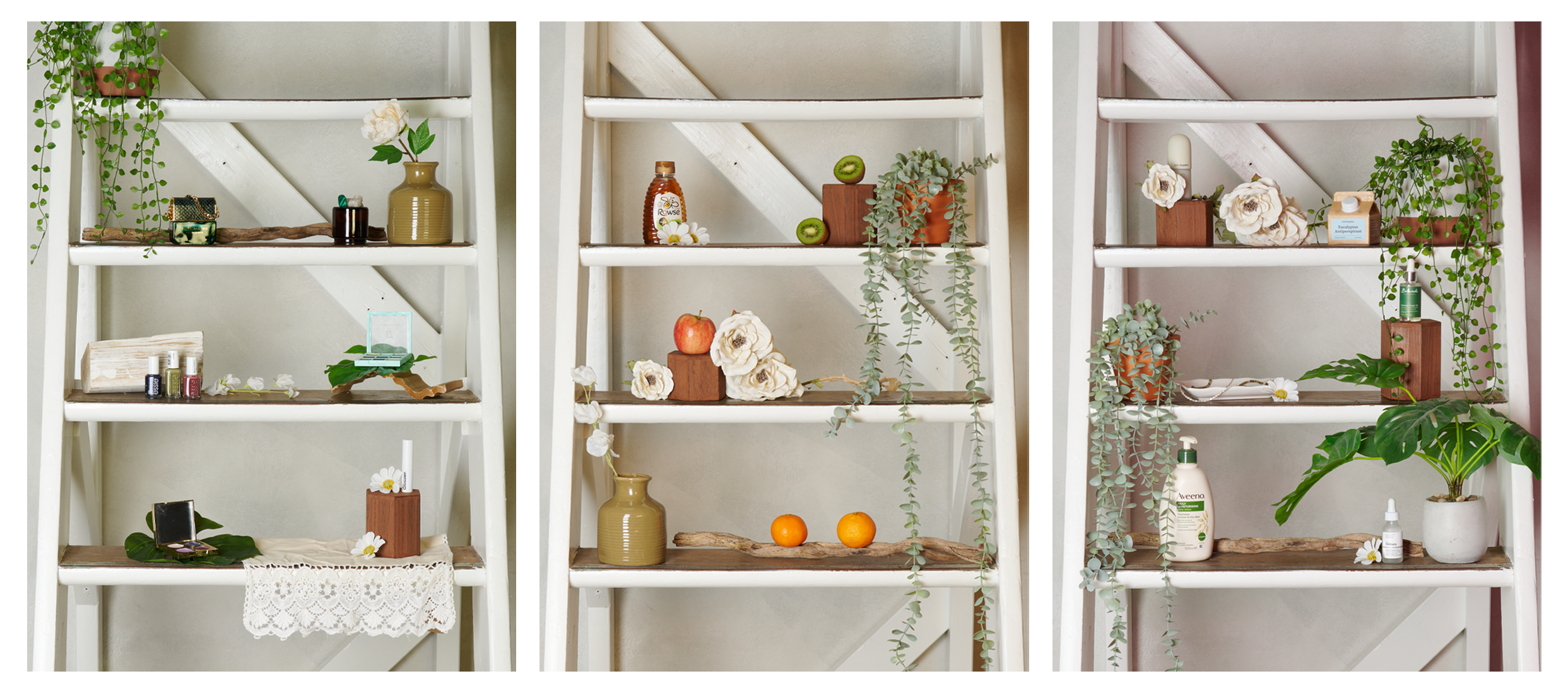 Triptych of example lifestyle photography including a variety of props and plants arranged on a ladder.